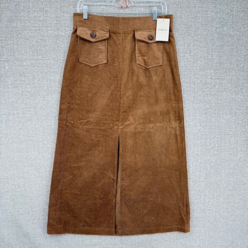Bohme Corduroy Maxi Skirt Women Large Mocha Brown Front Slit Pockets Boho Skirt